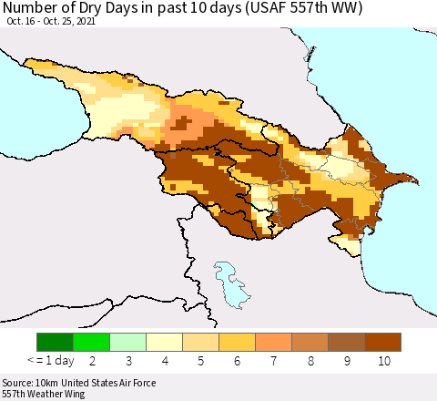 Azerbaijan, Armenia and Georgia Number of Dry Days in past 10 days (USAF 557th WW) Thematic Map For 10/21/2021 - 10/25/2021