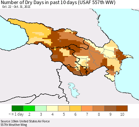 Azerbaijan, Armenia and Georgia Number of Dry Days in past 10 days (USAF 557th WW) Thematic Map For 10/26/2021 - 10/31/2021