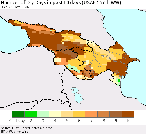 Azerbaijan, Armenia and Georgia Number of Dry Days in past 10 days (USAF 557th WW) Thematic Map For 11/1/2021 - 11/5/2021