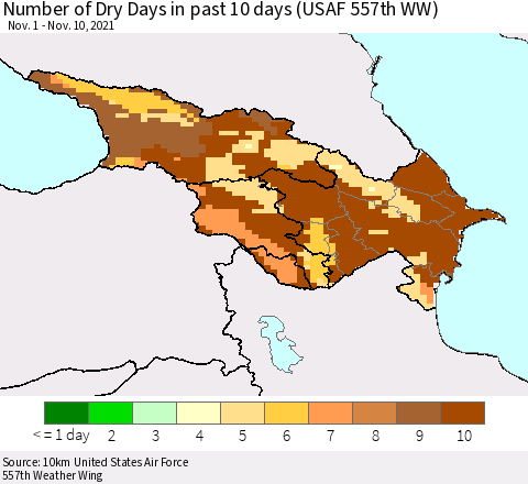 Azerbaijan, Armenia and Georgia Number of Dry Days in past 10 days (USAF 557th WW) Thematic Map For 11/6/2021 - 11/10/2021
