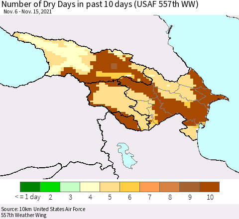Azerbaijan, Armenia and Georgia Number of Dry Days in past 10 days (USAF 557th WW) Thematic Map For 11/11/2021 - 11/15/2021