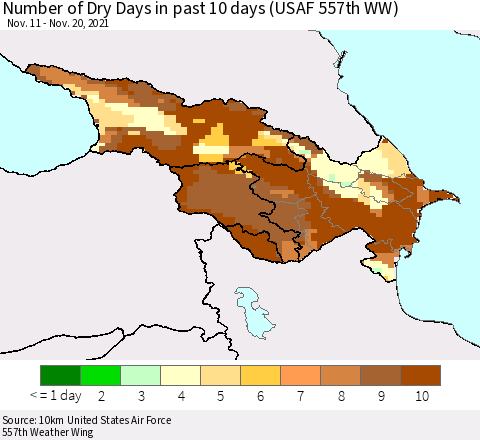 Azerbaijan, Armenia and Georgia Number of Dry Days in past 10 days (USAF 557th WW) Thematic Map For 11/16/2021 - 11/20/2021