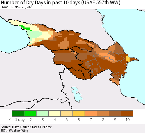 Azerbaijan, Armenia and Georgia Number of Dry Days in past 10 days (USAF 557th WW) Thematic Map For 11/21/2021 - 11/25/2021