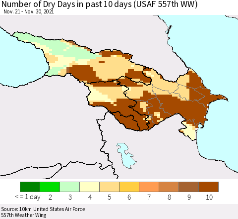 Azerbaijan, Armenia and Georgia Number of Dry Days in past 10 days (USAF 557th WW) Thematic Map For 11/26/2021 - 11/30/2021