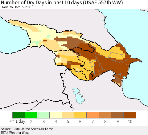 Azerbaijan, Armenia and Georgia Number of Dry Days in past 10 days (USAF 557th WW) Thematic Map For 12/1/2021 - 12/5/2021