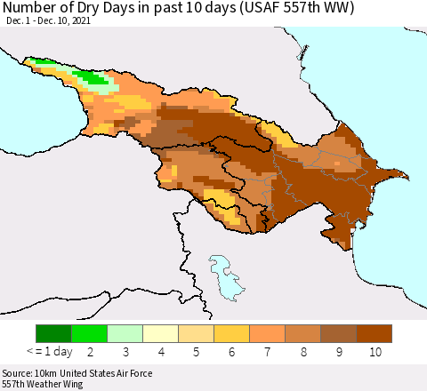 Azerbaijan, Armenia and Georgia Number of Dry Days in past 10 days (USAF 557th WW) Thematic Map For 12/6/2021 - 12/10/2021