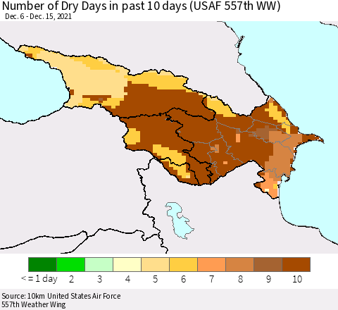 Azerbaijan, Armenia and Georgia Number of Dry Days in past 10 days (USAF 557th WW) Thematic Map For 12/11/2021 - 12/15/2021