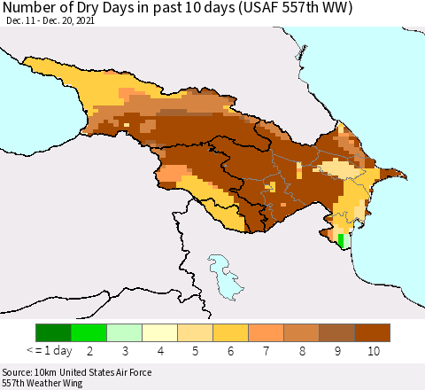 Azerbaijan, Armenia and Georgia Number of Dry Days in past 10 days (USAF 557th WW) Thematic Map For 12/16/2021 - 12/20/2021
