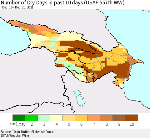 Azerbaijan, Armenia and Georgia Number of Dry Days in past 10 days (USAF 557th WW) Thematic Map For 12/21/2021 - 12/25/2021
