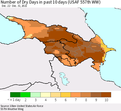 Azerbaijan, Armenia and Georgia Number of Dry Days in past 10 days (USAF 557th WW) Thematic Map For 12/26/2021 - 12/31/2021