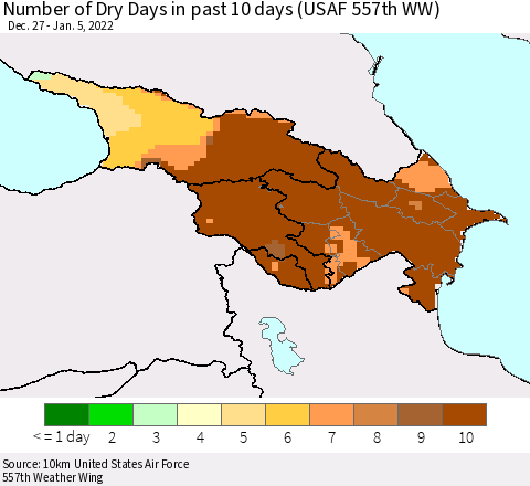 Azerbaijan, Armenia and Georgia Number of Dry Days in past 10 days (USAF 557th WW) Thematic Map For 1/1/2022 - 1/5/2022