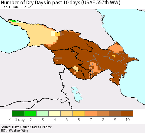 Azerbaijan, Armenia and Georgia Number of Dry Days in past 10 days (USAF 557th WW) Thematic Map For 1/6/2022 - 1/10/2022