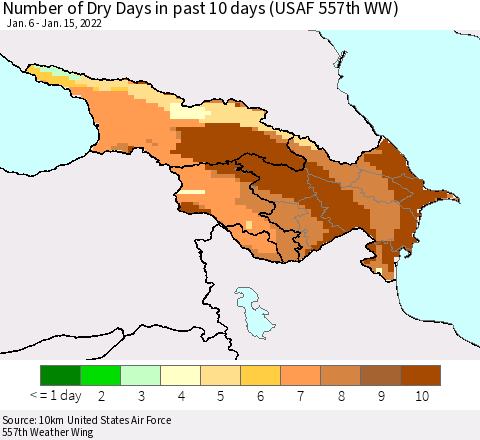 Azerbaijan, Armenia and Georgia Number of Dry Days in past 10 days (USAF 557th WW) Thematic Map For 1/11/2022 - 1/15/2022