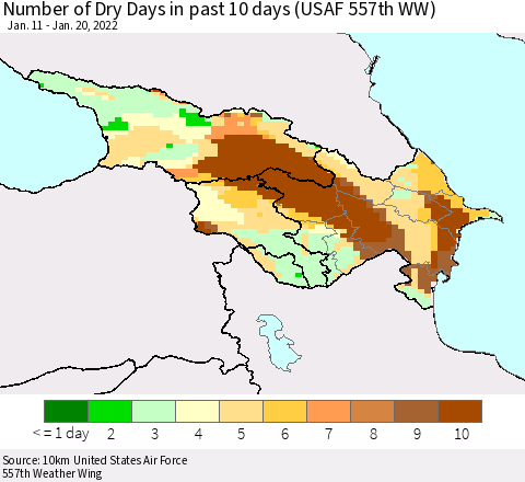 Azerbaijan, Armenia and Georgia Number of Dry Days in past 10 days (USAF 557th WW) Thematic Map For 1/16/2022 - 1/20/2022