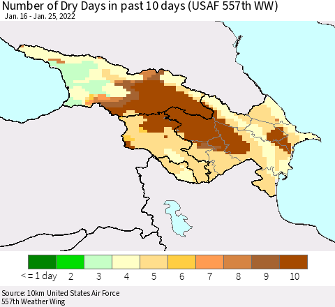 Azerbaijan, Armenia and Georgia Number of Dry Days in past 10 days (USAF 557th WW) Thematic Map For 1/21/2022 - 1/25/2022