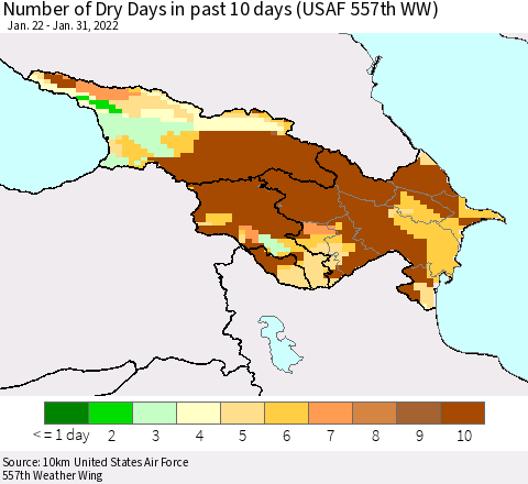 Azerbaijan, Armenia and Georgia Number of Dry Days in past 10 days (USAF 557th WW) Thematic Map For 1/26/2022 - 1/31/2022
