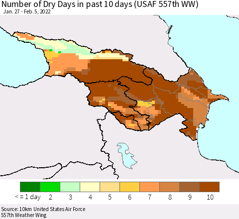 Azerbaijan, Armenia and Georgia Number of Dry Days in past 10 days (USAF 557th WW) Thematic Map For 2/1/2022 - 2/5/2022