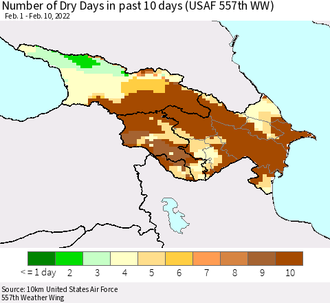 Azerbaijan, Armenia and Georgia Number of Dry Days in past 10 days (USAF 557th WW) Thematic Map For 2/6/2022 - 2/10/2022