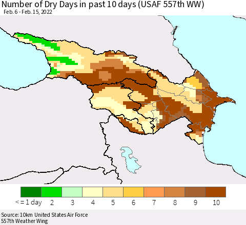 Azerbaijan, Armenia and Georgia Number of Dry Days in past 10 days (USAF 557th WW) Thematic Map For 2/11/2022 - 2/15/2022