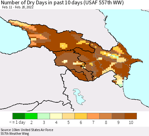 Azerbaijan, Armenia and Georgia Number of Dry Days in past 10 days (USAF 557th WW) Thematic Map For 2/16/2022 - 2/20/2022