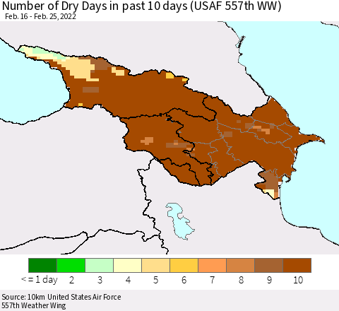 Azerbaijan, Armenia and Georgia Number of Dry Days in past 10 days (USAF 557th WW) Thematic Map For 2/21/2022 - 2/25/2022