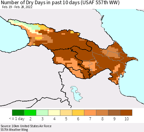 Azerbaijan, Armenia and Georgia Number of Dry Days in past 10 days (USAF 557th WW) Thematic Map For 2/26/2022 - 2/28/2022