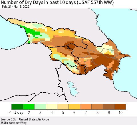 Azerbaijan, Armenia and Georgia Number of Dry Days in past 10 days (USAF 557th WW) Thematic Map For 3/1/2022 - 3/5/2022