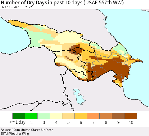 Azerbaijan, Armenia and Georgia Number of Dry Days in past 10 days (USAF 557th WW) Thematic Map For 3/6/2022 - 3/10/2022