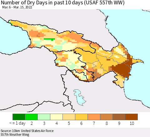 Azerbaijan, Armenia and Georgia Number of Dry Days in past 10 days (USAF 557th WW) Thematic Map For 3/11/2022 - 3/15/2022
