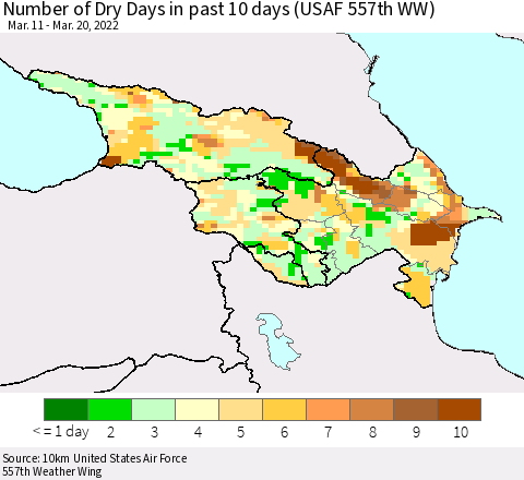 Azerbaijan, Armenia and Georgia Number of Dry Days in past 10 days (USAF 557th WW) Thematic Map For 3/16/2022 - 3/20/2022