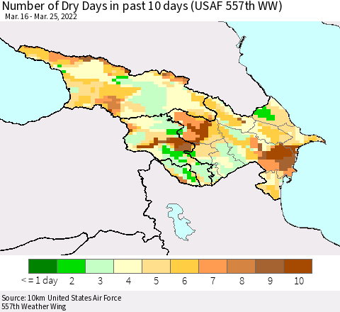 Azerbaijan, Armenia and Georgia Number of Dry Days in past 10 days (USAF 557th WW) Thematic Map For 3/21/2022 - 3/25/2022