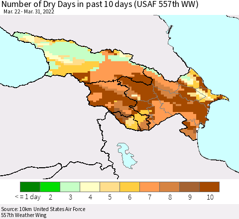 Azerbaijan, Armenia and Georgia Number of Dry Days in past 10 days (USAF 557th WW) Thematic Map For 3/26/2022 - 3/31/2022