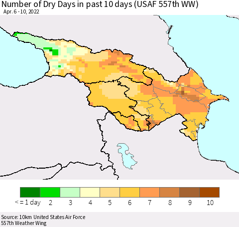 Azerbaijan, Armenia and Georgia Number of Dry Days in past 10 days (USAF 557th WW) Thematic Map For 4/6/2022 - 4/10/2022
