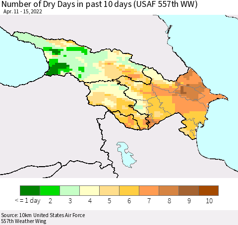 Azerbaijan, Armenia and Georgia Number of Dry Days in past 10 days (USAF 557th WW) Thematic Map For 4/11/2022 - 4/15/2022