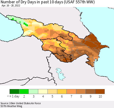 Azerbaijan, Armenia and Georgia Number of Dry Days in past 10 days (USAF 557th WW) Thematic Map For 4/16/2022 - 4/20/2022