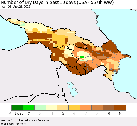 Azerbaijan, Armenia and Georgia Number of Dry Days in past 10 days (USAF 557th WW) Thematic Map For 4/21/2022 - 4/25/2022