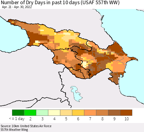 Azerbaijan, Armenia and Georgia Number of Dry Days in past 10 days (USAF 557th WW) Thematic Map For 4/26/2022 - 4/30/2022