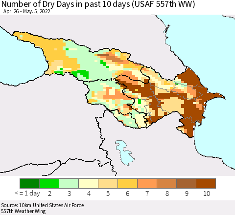 Azerbaijan, Armenia and Georgia Number of Dry Days in past 10 days (USAF 557th WW) Thematic Map For 5/1/2022 - 5/5/2022