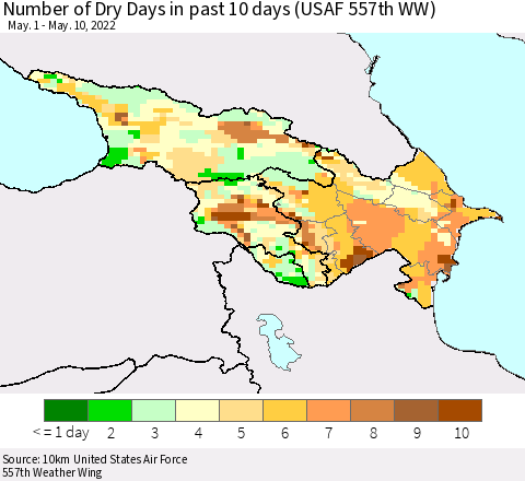 Azerbaijan, Armenia and Georgia Number of Dry Days in past 10 days (USAF 557th WW) Thematic Map For 5/6/2022 - 5/10/2022