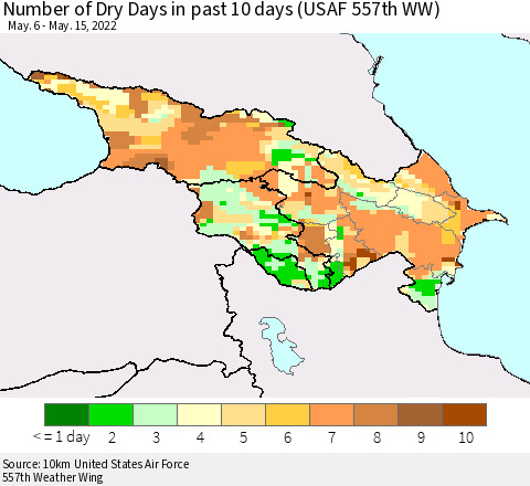 Azerbaijan, Armenia and Georgia Number of Dry Days in past 10 days (USAF 557th WW) Thematic Map For 5/11/2022 - 5/15/2022