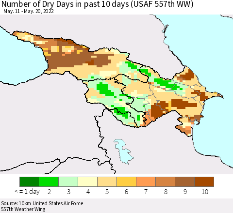 Azerbaijan, Armenia and Georgia Number of Dry Days in past 10 days (USAF 557th WW) Thematic Map For 5/16/2022 - 5/20/2022