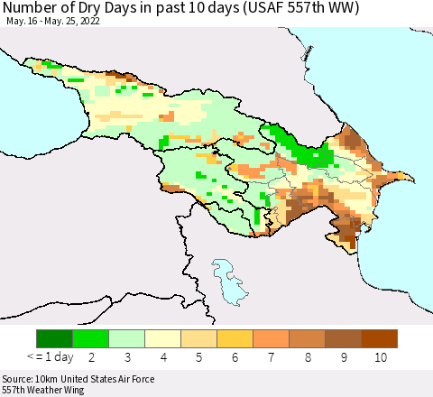 Azerbaijan, Armenia and Georgia Number of Dry Days in past 10 days (USAF 557th WW) Thematic Map For 5/21/2022 - 5/25/2022