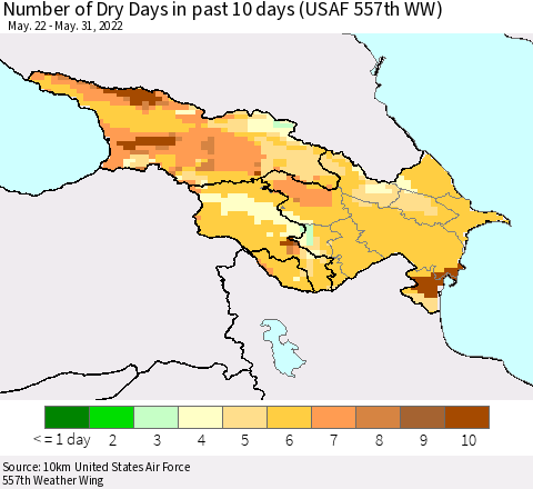 Azerbaijan, Armenia and Georgia Number of Dry Days in past 10 days (USAF 557th WW) Thematic Map For 5/26/2022 - 5/31/2022