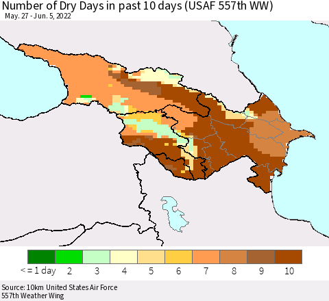 Azerbaijan, Armenia and Georgia Number of Dry Days in past 10 days (USAF 557th WW) Thematic Map For 6/1/2022 - 6/5/2022