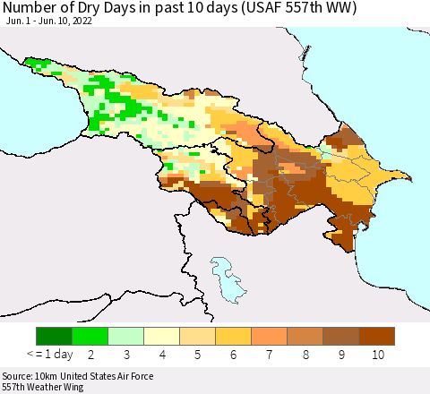 Azerbaijan, Armenia and Georgia Number of Dry Days in past 10 days (USAF 557th WW) Thematic Map For 6/6/2022 - 6/10/2022