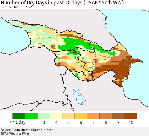 Azerbaijan, Armenia and Georgia Number of Dry Days in past 10 days (USAF 557th WW) Thematic Map For 6/11/2022 - 6/15/2022