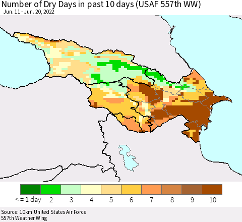 Azerbaijan, Armenia and Georgia Number of Dry Days in past 10 days (USAF 557th WW) Thematic Map For 6/16/2022 - 6/20/2022