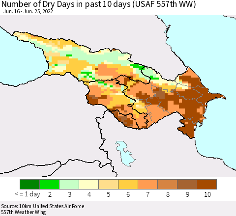 Azerbaijan, Armenia and Georgia Number of Dry Days in past 10 days (USAF 557th WW) Thematic Map For 6/21/2022 - 6/25/2022