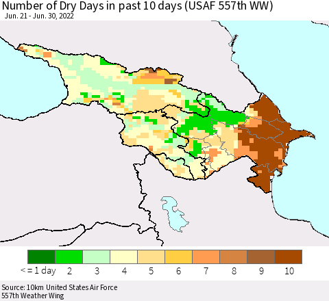 Azerbaijan, Armenia and Georgia Number of Dry Days in past 10 days (USAF 557th WW) Thematic Map For 6/26/2022 - 6/30/2022