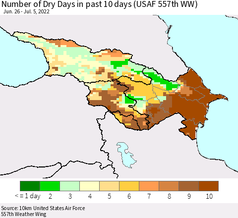 Azerbaijan, Armenia and Georgia Number of Dry Days in past 10 days (USAF 557th WW) Thematic Map For 7/1/2022 - 7/5/2022